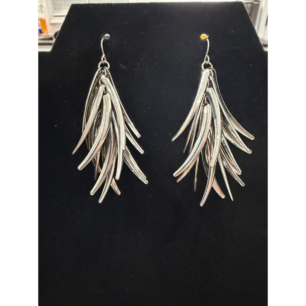 Silver Tone Fringe Tassel Dangle Earrings Statement Boho Modern Lightweight